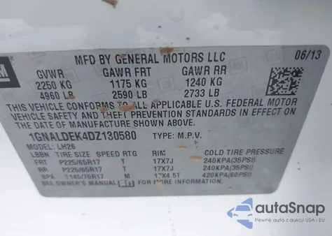 2013 Chevrolet Equinox 1Lt z USA, uszkodzony, nr VIN 1GNALDEK4DZ130580